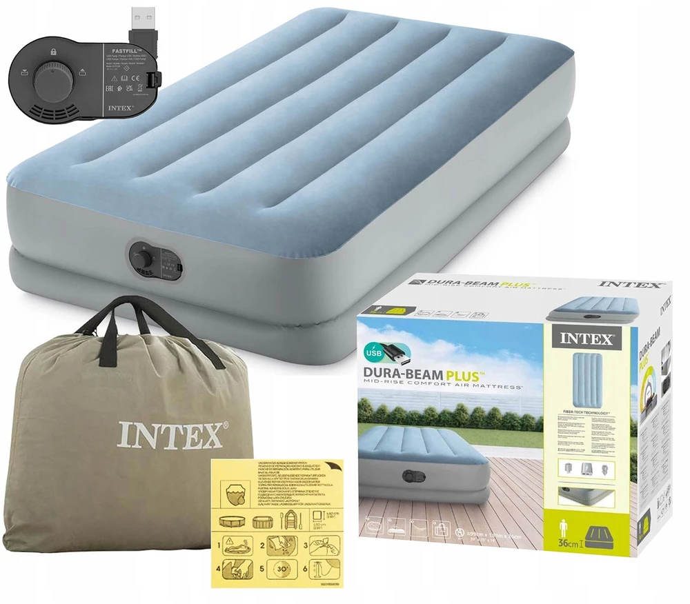 čiužinys pripučiamas vienvietis 191x99x36 cm su įmontuotu elektriniu USB siurbliu lova INTEX 64157
