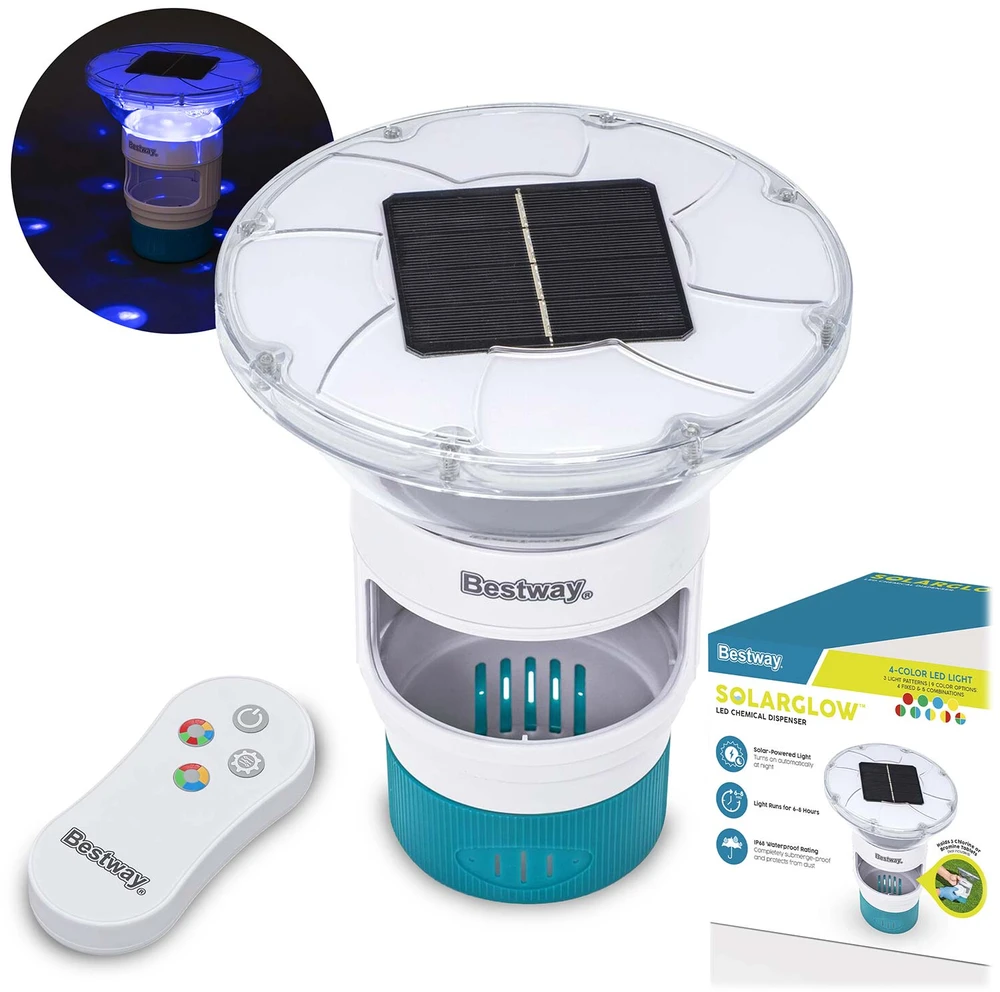 Bestway „SolarGlow“ LED cheminių medžiagų dozatorius su 4 spalvų šviesa, chloro dozatorius, turkio spalvos, baltas, ABS, polipropilenas (PP), nerūdijantis plienas, IP68, LED, kintamos spalvos