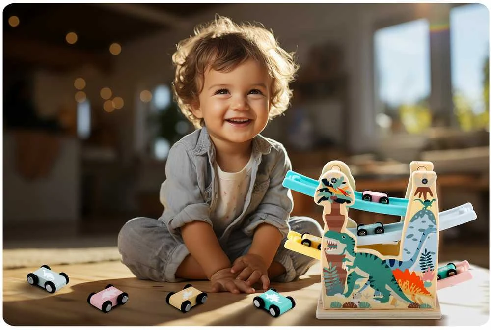 Ricokids Medinė žaislinė čiuožykla - trasa automobiliams su 4 automobiliais