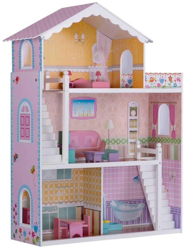Ricokids Didelis trijų aukštų medinis lėlių namelis + baldai + terasa