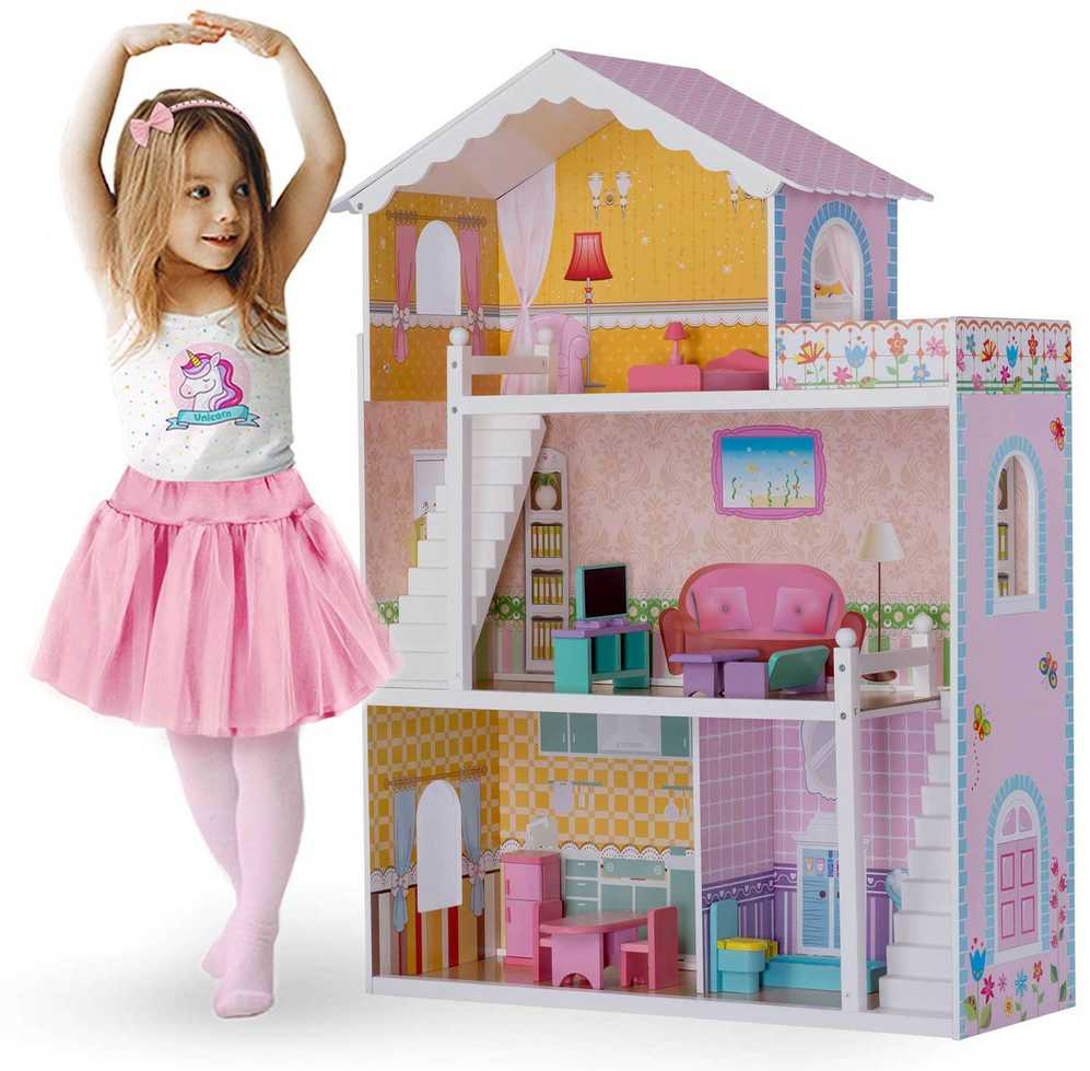 Ricokids Didelis trijų aukštų medinis lėlių namelis + baldai + terasa