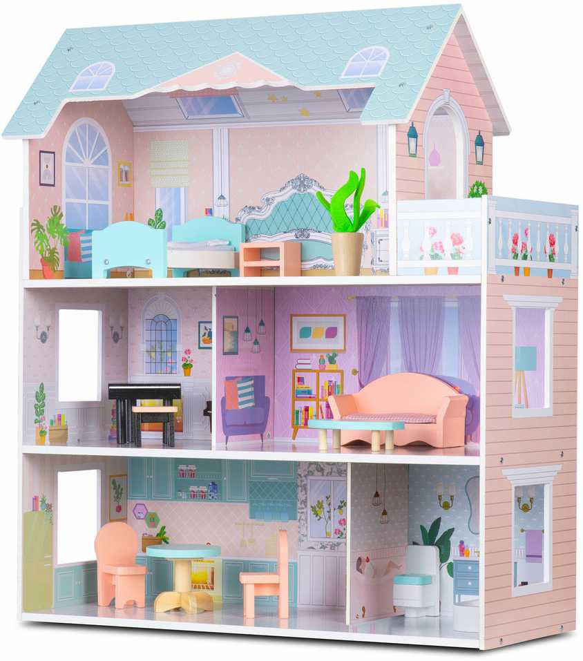 Didelis medinis lėlių namelis, 3 aukštų, Ricokids RK-878