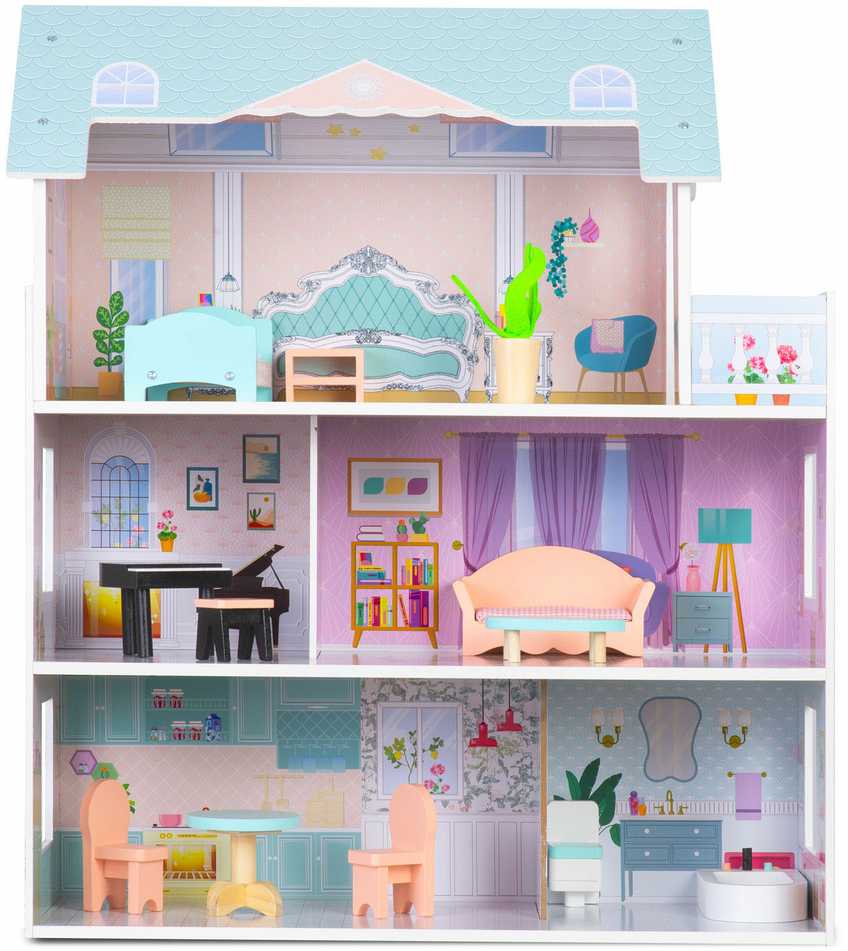 Didelis medinis lėlių namelis, 3 aukštų, Ricokids RK-878