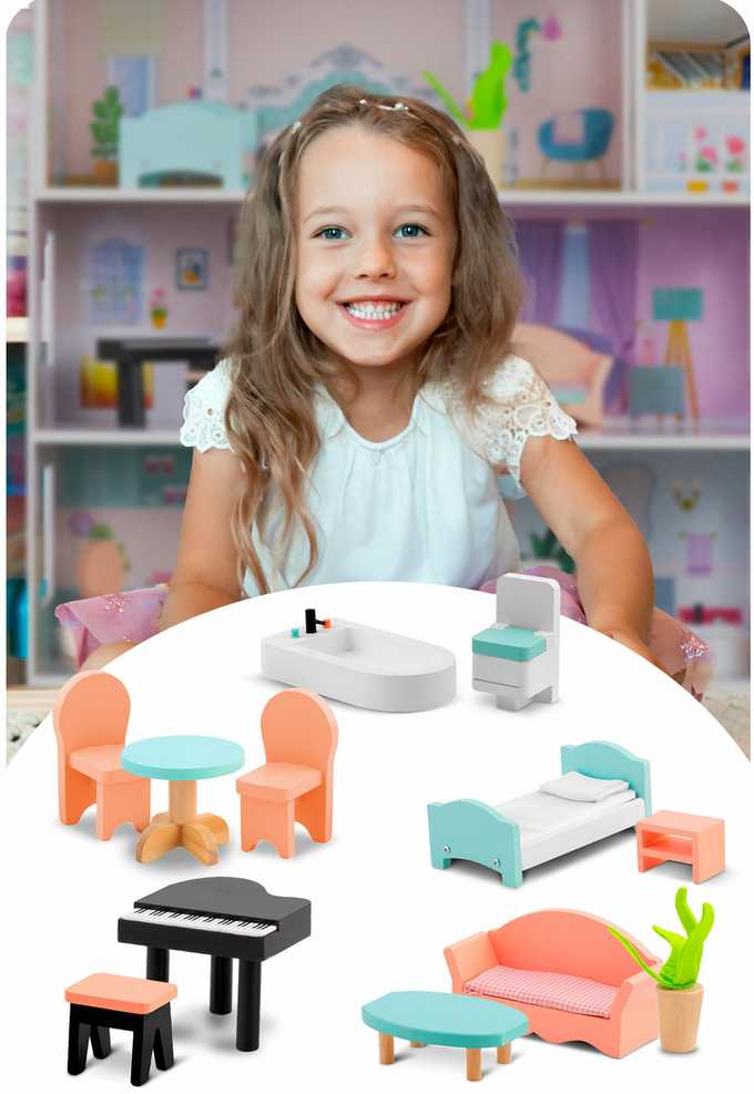 Didelis medinis lėlių namelis, 3 aukštų, Ricokids RK-878
