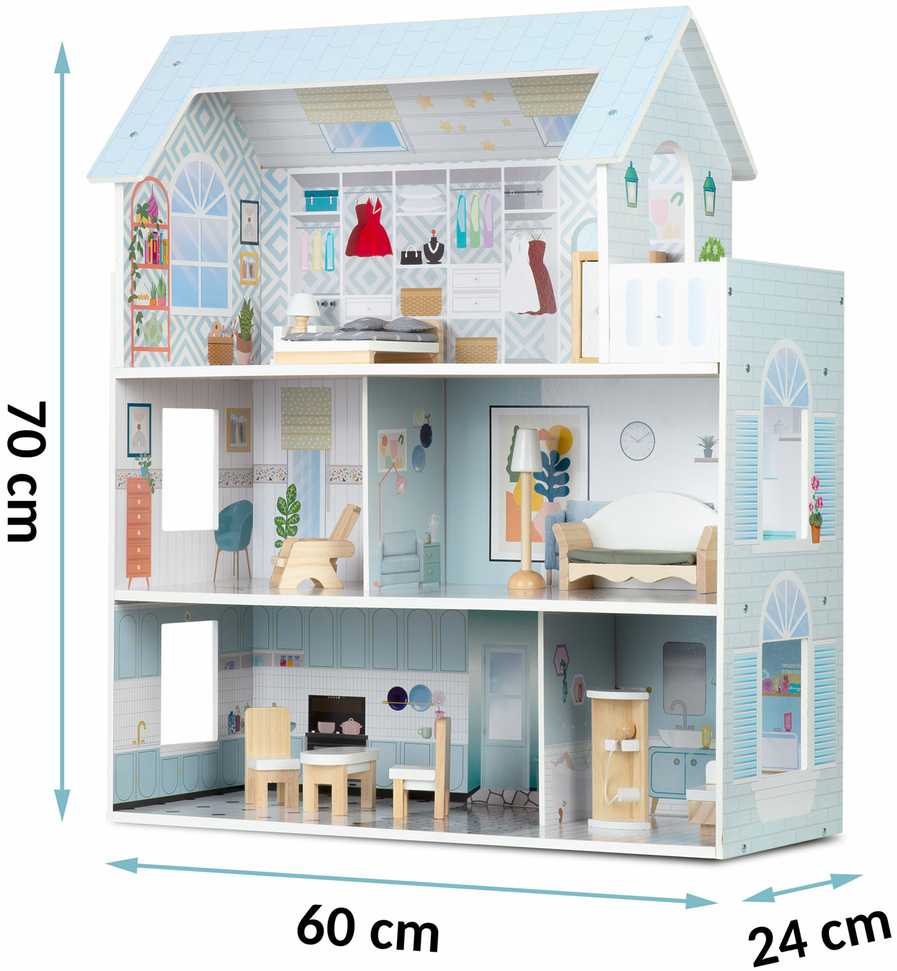 Didelis medinis lėlių namelis, 3 aukštų, Ricokids RK-878