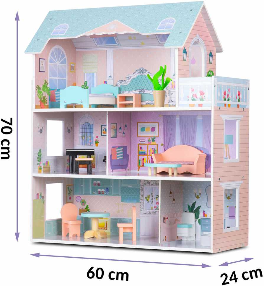 Didelis medinis lėlių namelis, 3 aukštų, Ricokids RK-878