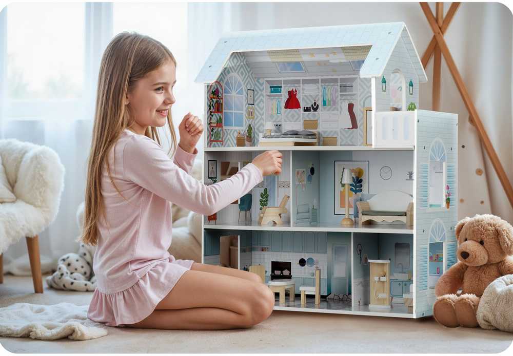Didelis medinis lėlių namelis, 3 aukštų, Ricokids RK-878