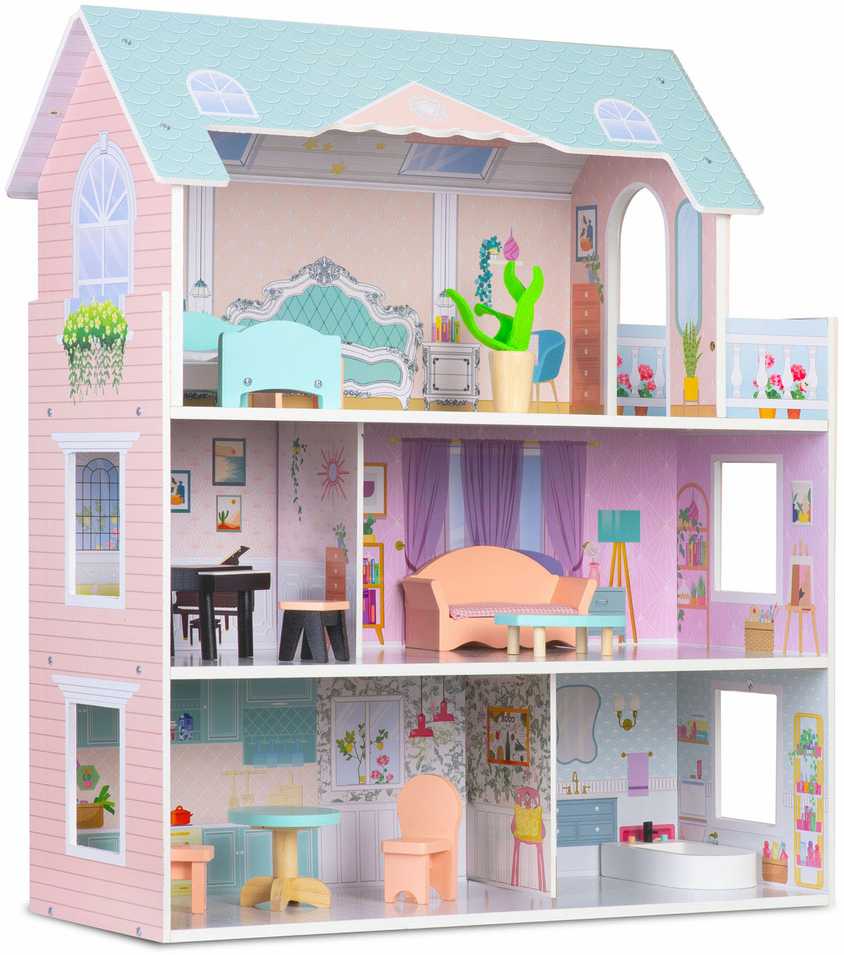 Didelis medinis lėlių namelis, 3 aukštų, Ricokids RK-878