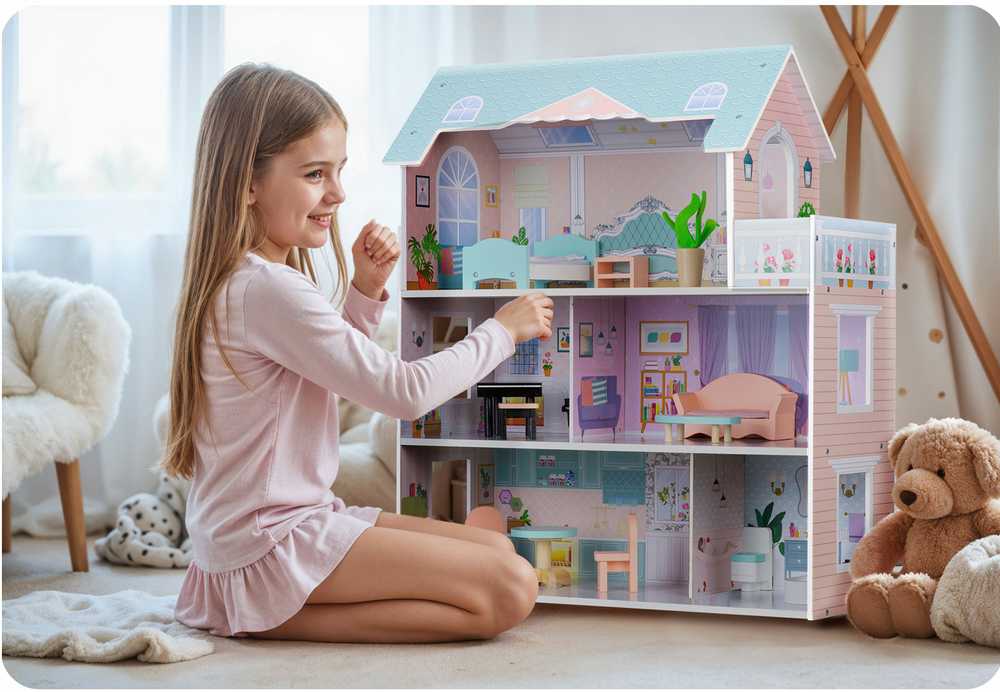 Didelis medinis lėlių namelis, 3 aukštų, Ricokids RK-878