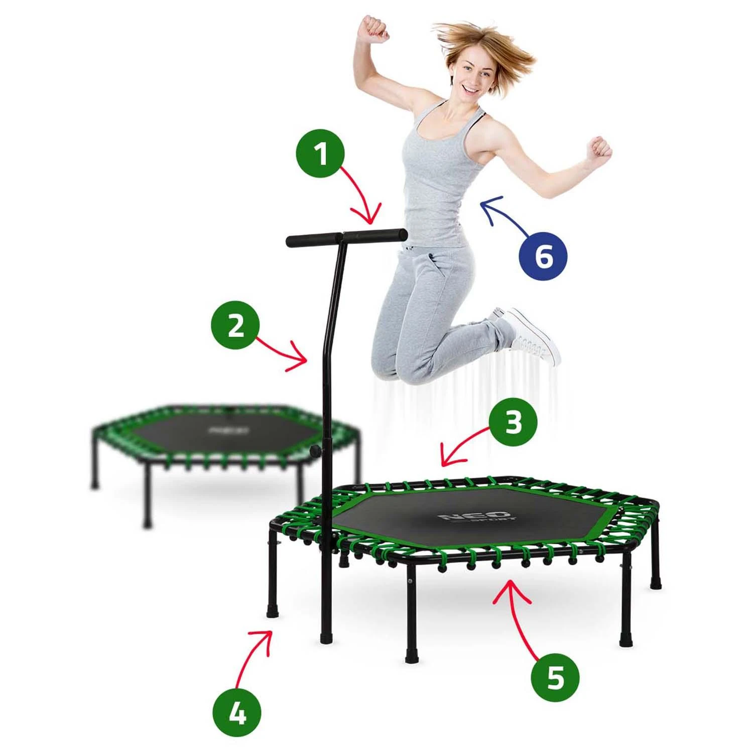 Neo-Sport Fitneso batutas, su rankena, 127 cm šešiakampis, žalias, vidaus batutas kardio treniruotėms