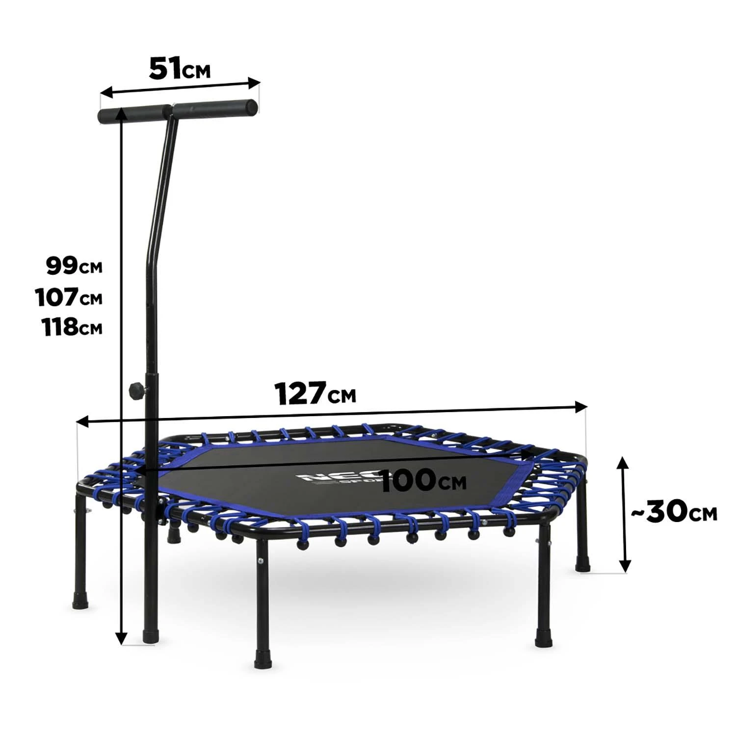 Neo-Sport Fitneso batutas su rankena, 127 cm šešiakampis, mėlynas mini batutas namų naudojimui, vidaus kardio batutas