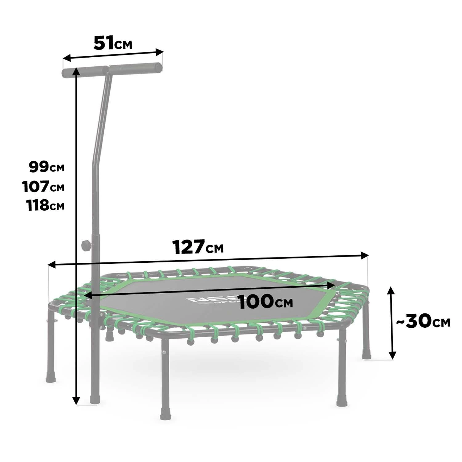 Neo-Sport Fitneso batutas, su rankena, 127 cm šešiakampis, žalias, vidaus batutas kardio treniruotėms