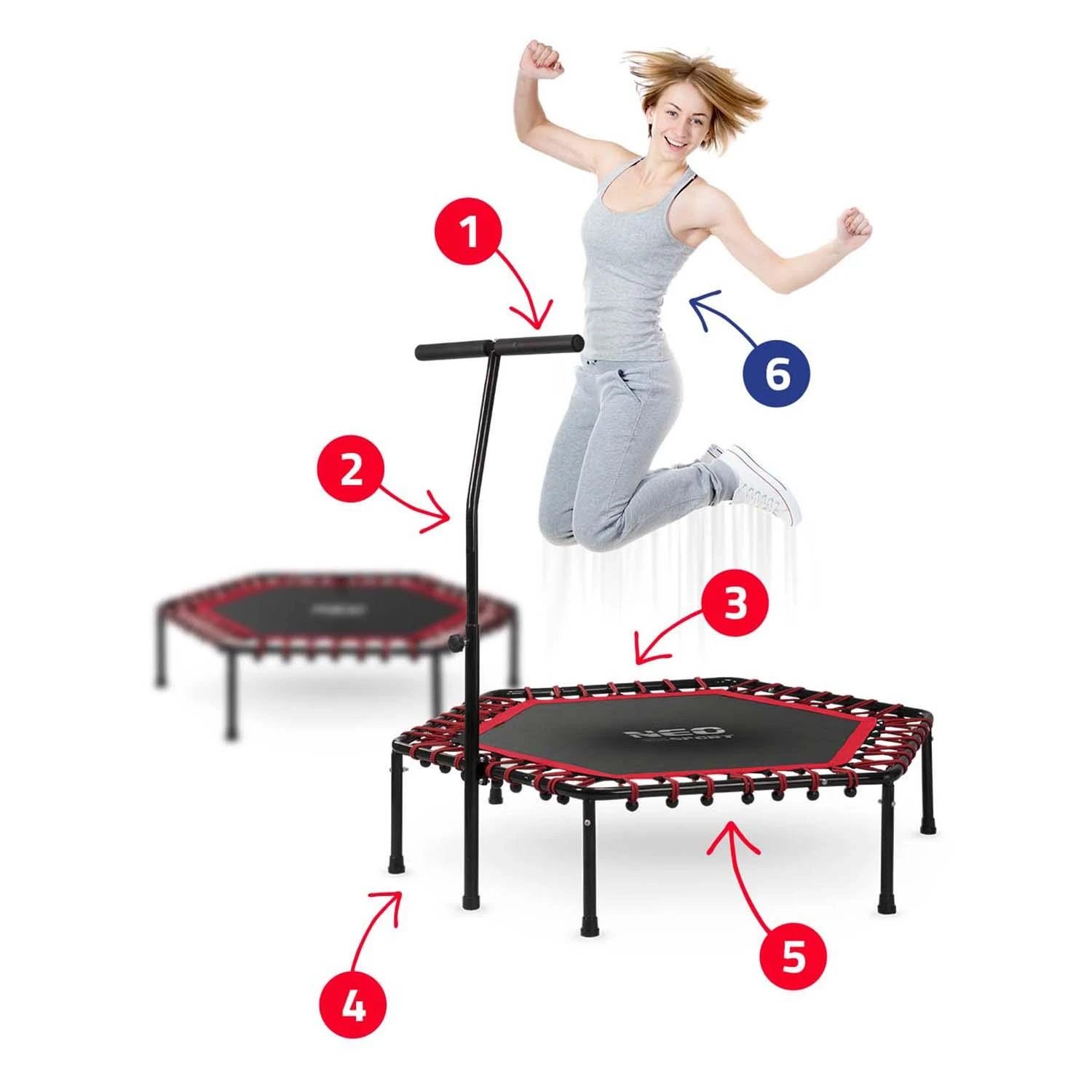 Neo-Sport Fitneso batutas, su rankena, 127 cm šešiakampis, raudonas mini batutas namų naudojimui
