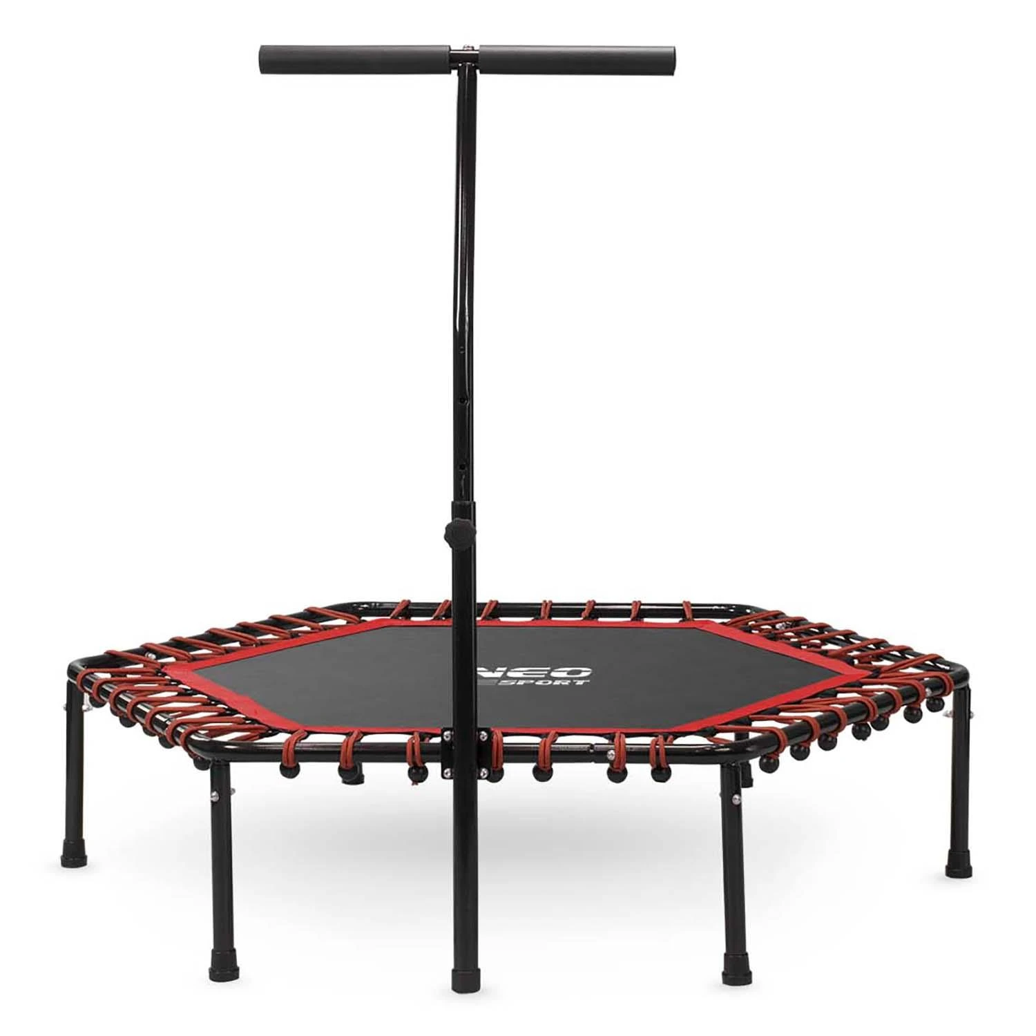 Neo-Sport Fitneso batutas, su rankena, 127 cm šešiakampis, raudonas mini batutas namų naudojimui