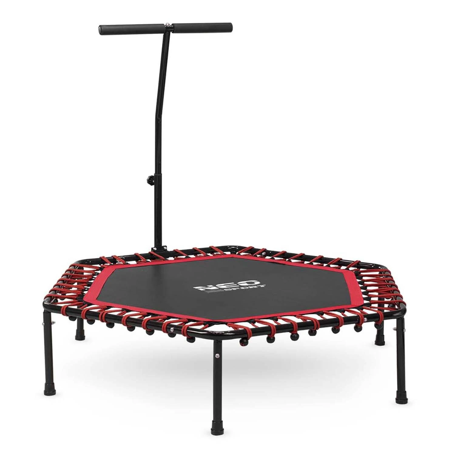 Neo-Sport Fitneso batutas, su rankena, 127 cm šešiakampis, raudonas mini batutas namų naudojimui
