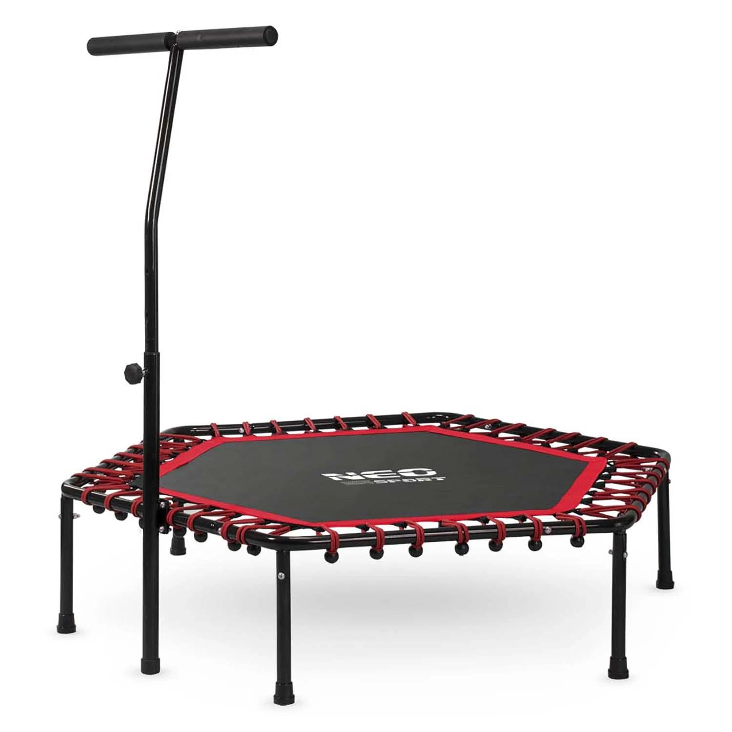 Neo-Sport Fitneso batutas, su rankena, 127 cm šešiakampis, raudonas mini batutas namų naudojimui