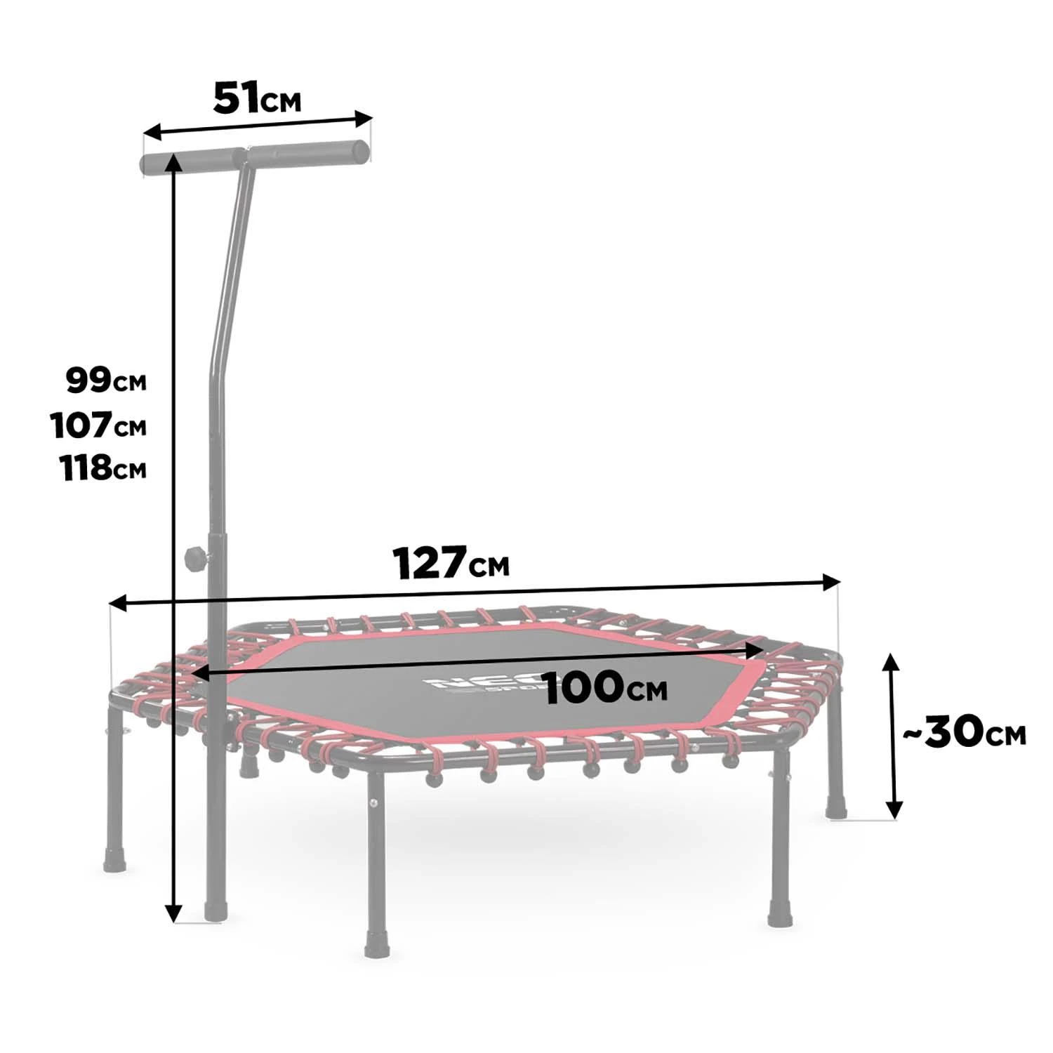 Neo-Sport Fitneso batutas, su rankena, 127 cm šešiakampis, raudonas mini batutas namų naudojimui