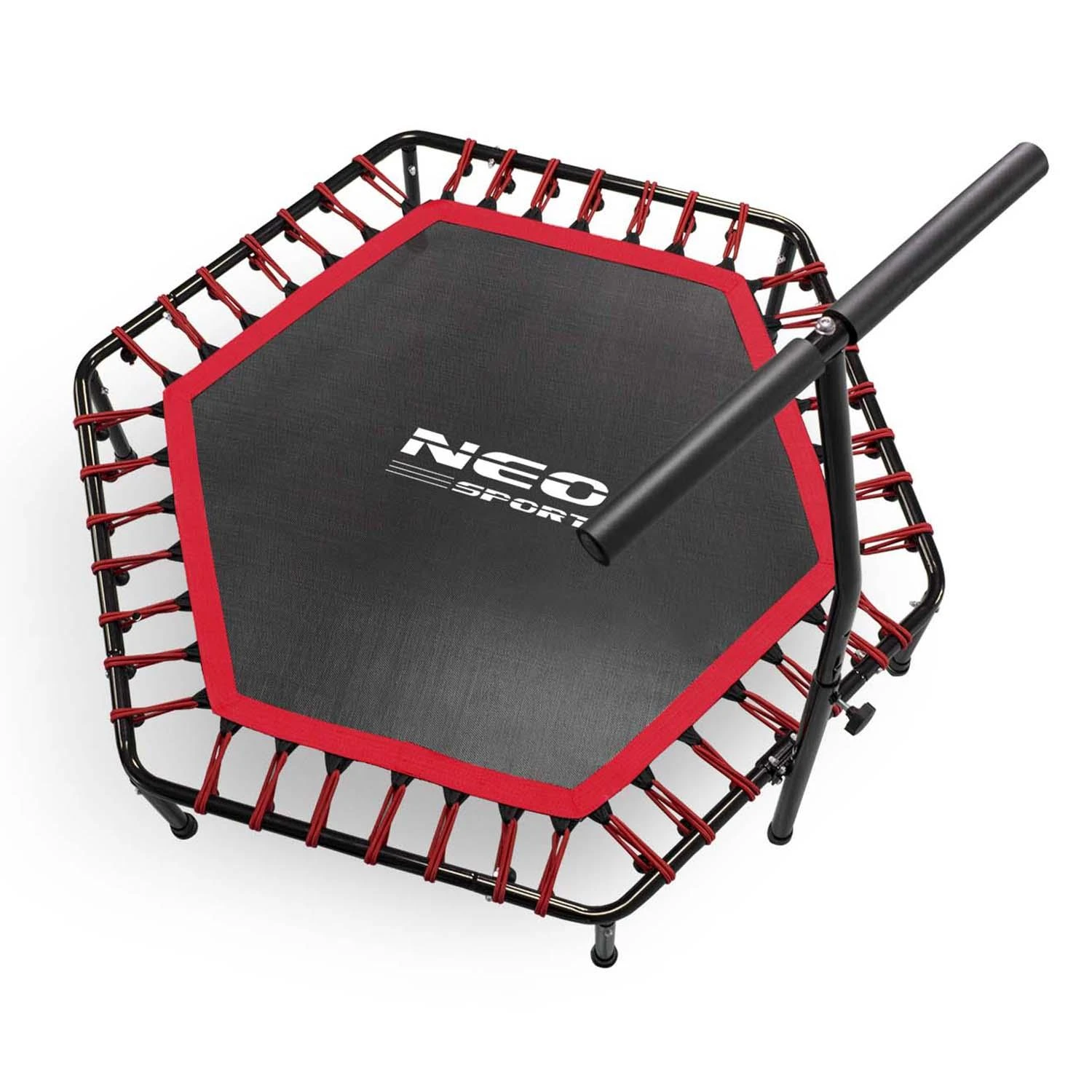 Neo-Sport Fitneso batutas, su rankena, 127 cm šešiakampis, raudonas mini batutas namų naudojimui