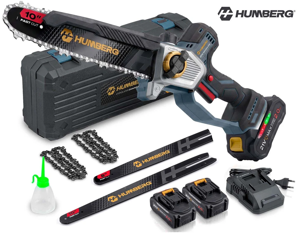 Akumuliatorinis grandininis pjūklas 2x2,0 Ah PRO 10" 8" Humberg HM-437