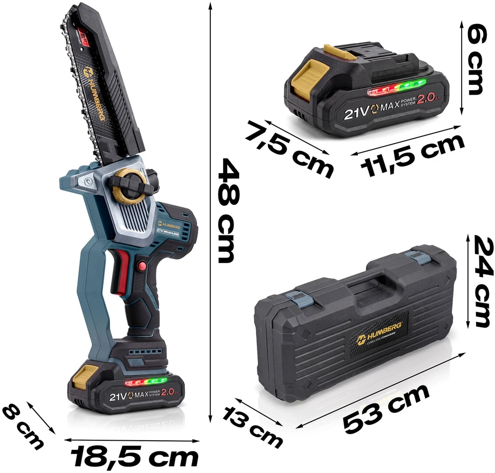 Akumuliatorinis grandininis pjūklas 2x2,0 Ah PRO 10" 8" Humberg HM-437