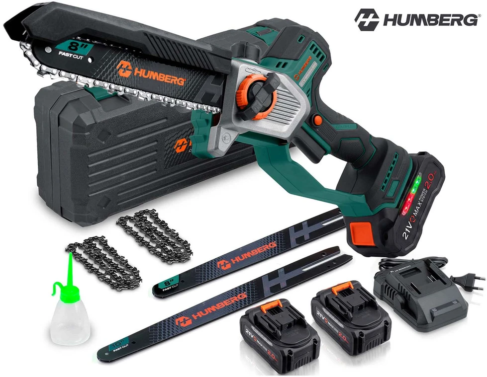 Akumuliatorinis grandininis pjūklas 2x2,0 Ah PRO 10" 8" Humberg HM-437