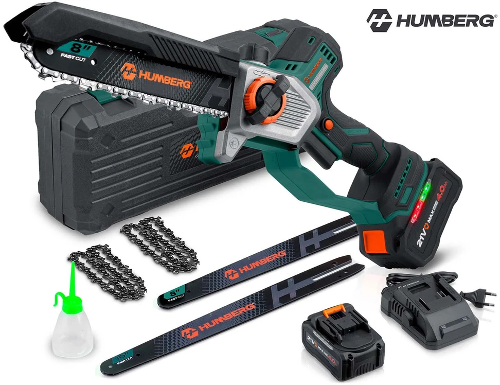 Akumuliatorinis grandininis pjūklas 4,0 Ah PRO šakų pjoviklis 10" 8" Humberg HM-437