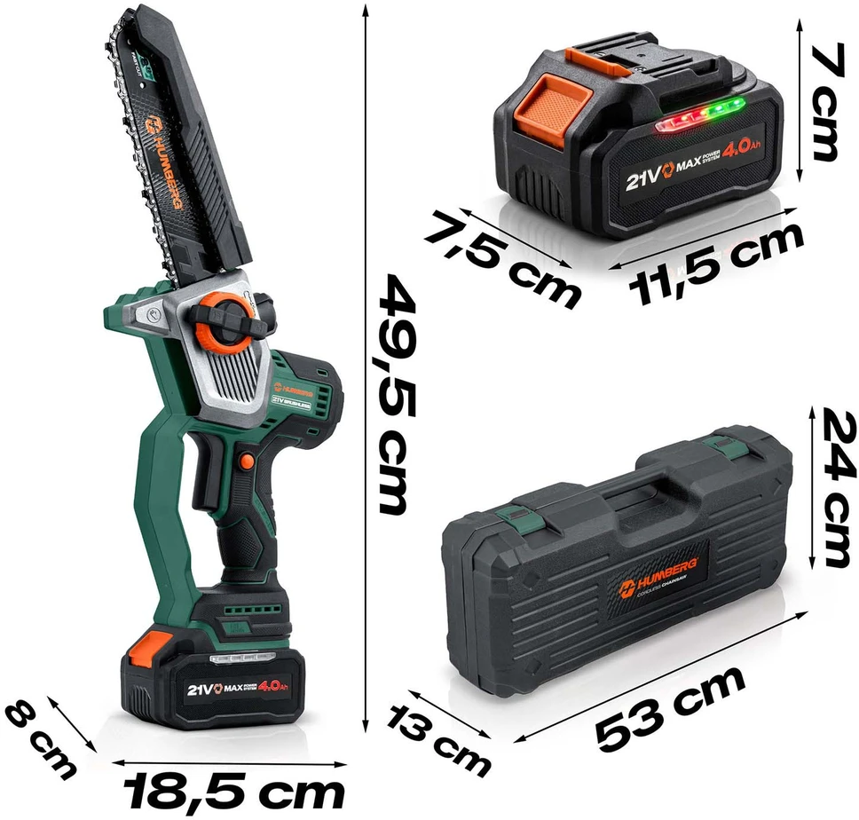 Akumuliatorinis grandininis pjūklas 4,0 Ah PRO šakų pjoviklis 10" 8" Humberg HM-437