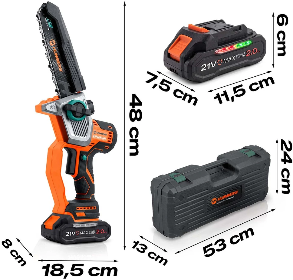 Akumuliatorinis grandininis pjūklas 2x2,0 Ah PRO 10" 8" Humberg HM-437