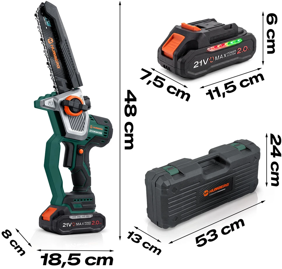 Akumuliatorinis grandininis pjūklas 2x2,0 Ah PRO 10" 8" Humberg HM-437