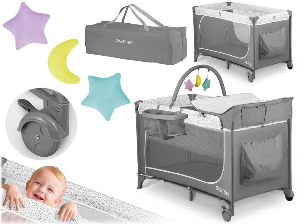Ricokids Kelioninė lovelė su čiužiniu ir krepšiu 123,5 x 65 x 76 cm RK-241 pilkos spalvos
