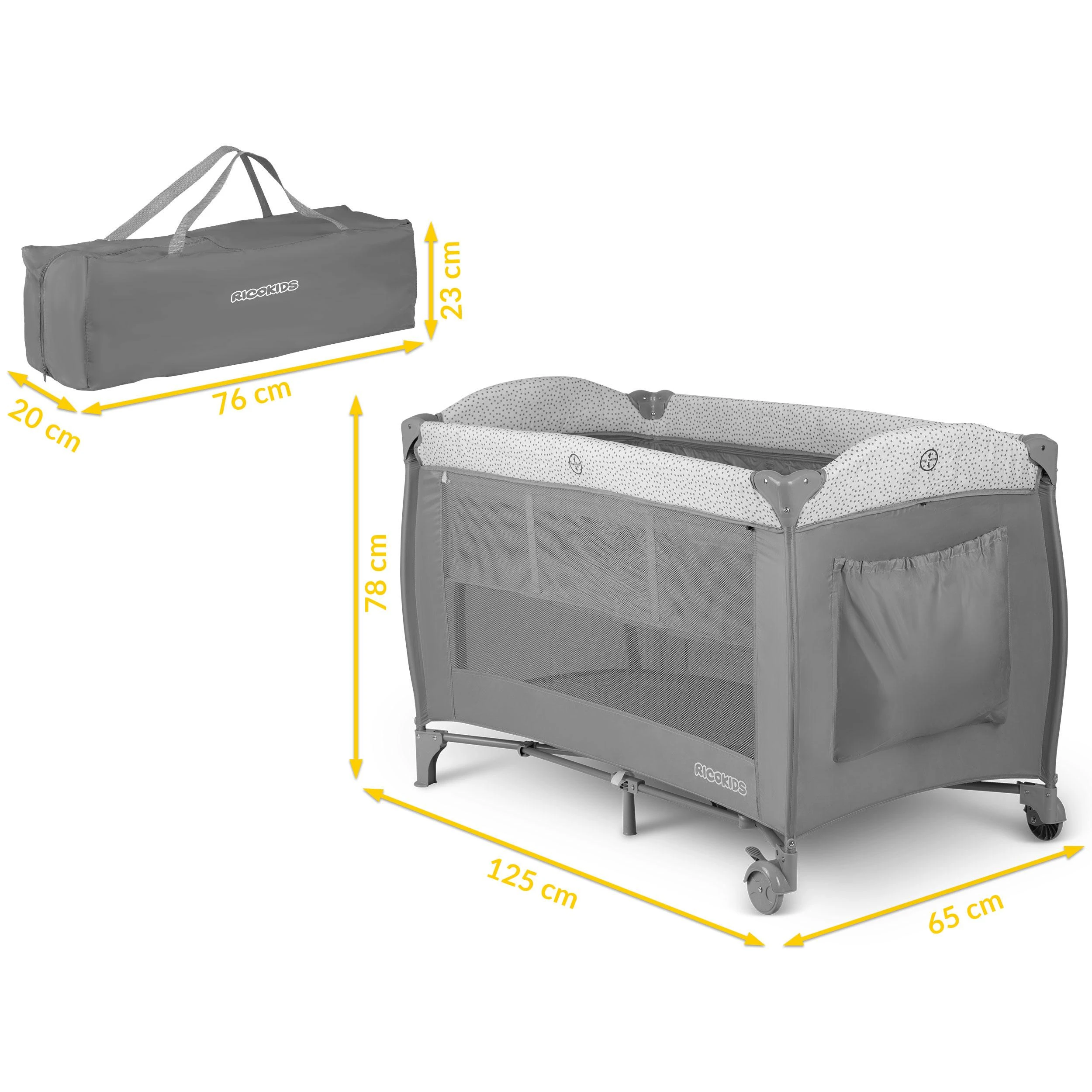 Ricokids Kelioninė lovytė su čiužiniu ir krepšiu 127,5 x 66 x 82 cm RK-242, pilka