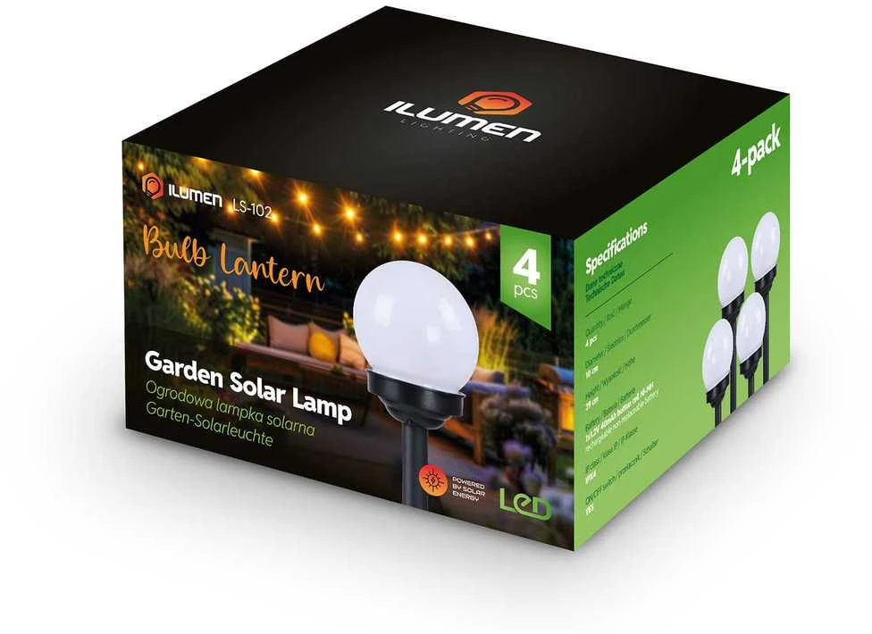 Saulės energija varomos lempos, balti rutuliai, 4 vnt., „Ilumen LS-102“