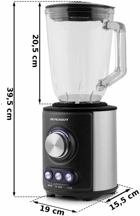 Juodas BD-751 Berdsen stiklinis trintuvas smoothie kokteiliams ir ledui, 1,5 l, 800 W