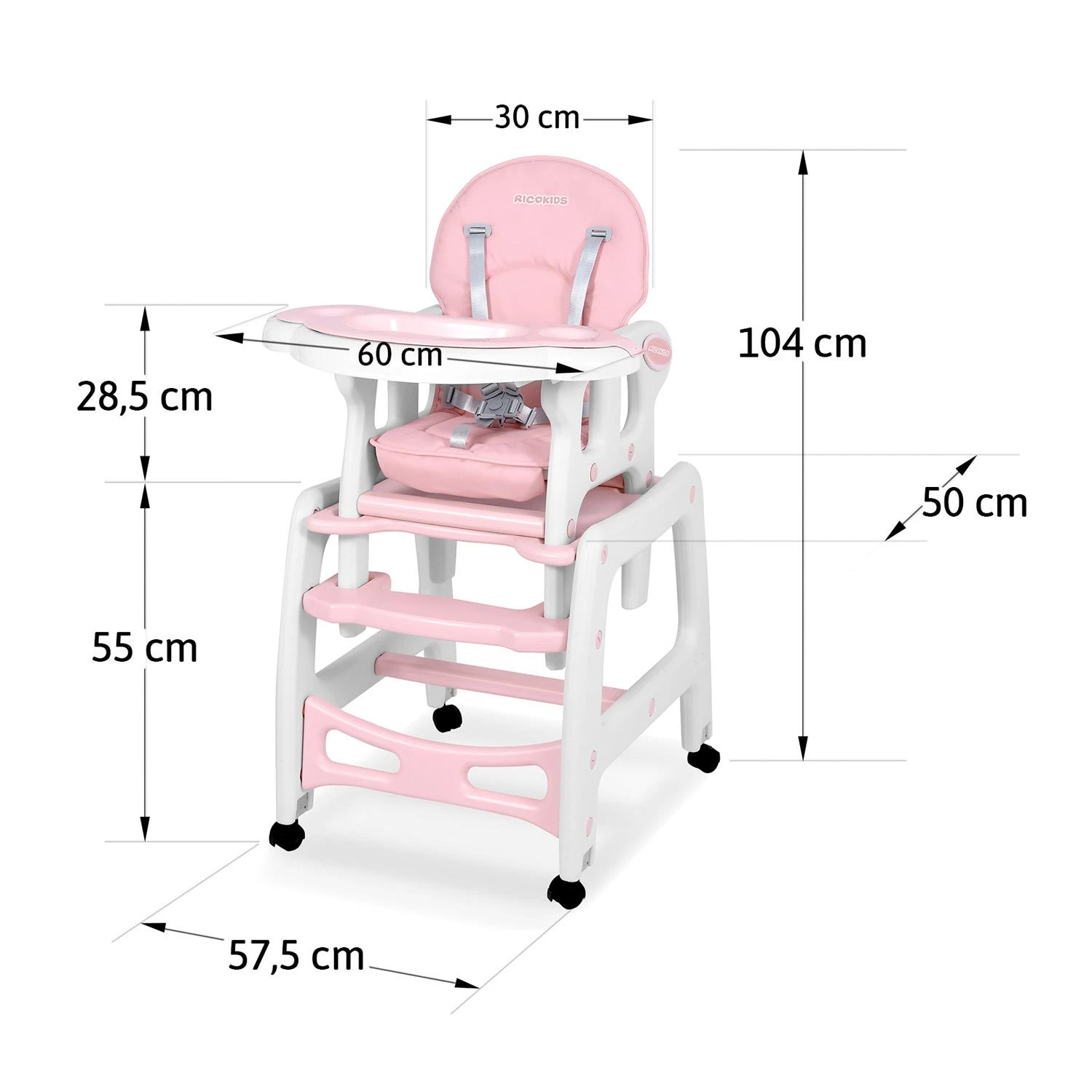 Ricokids Rožinė 5-in-1 kūdikio maitinimo kėdutė, daugiafunkcinė maitinimo kėdutė su reguliuojamu padėklu, supamoji kėdutė, paaukštinimas, vaikiška kėdutė 6-36 mėnesiams