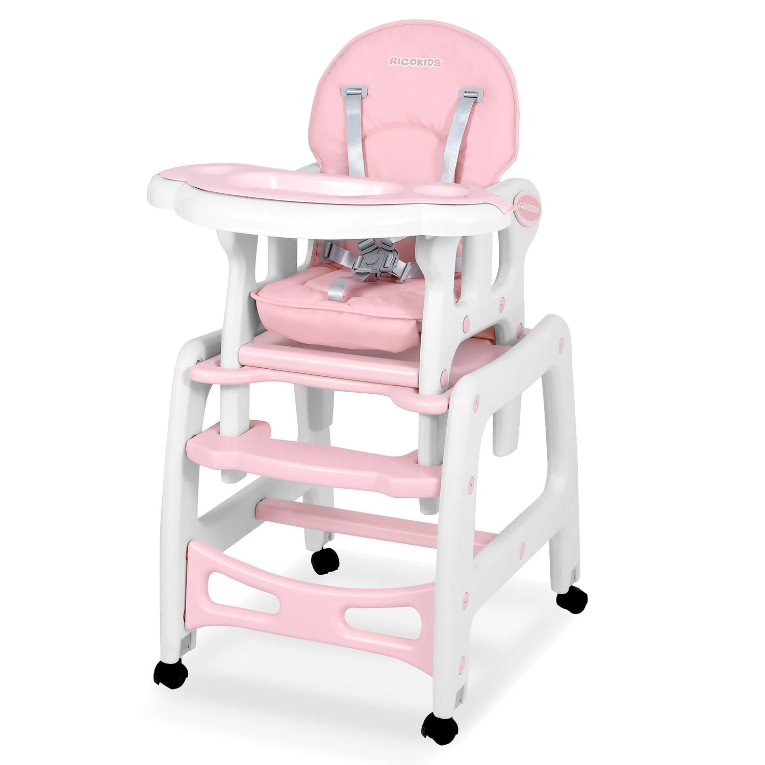 Ricokids Rožinė 5-in-1 kūdikio maitinimo kėdutė, daugiafunkcinė maitinimo kėdutė su reguliuojamu padėklu, supamoji kėdutė, paaukštinimas, vaikiška kėdutė 6-36 mėnesiams