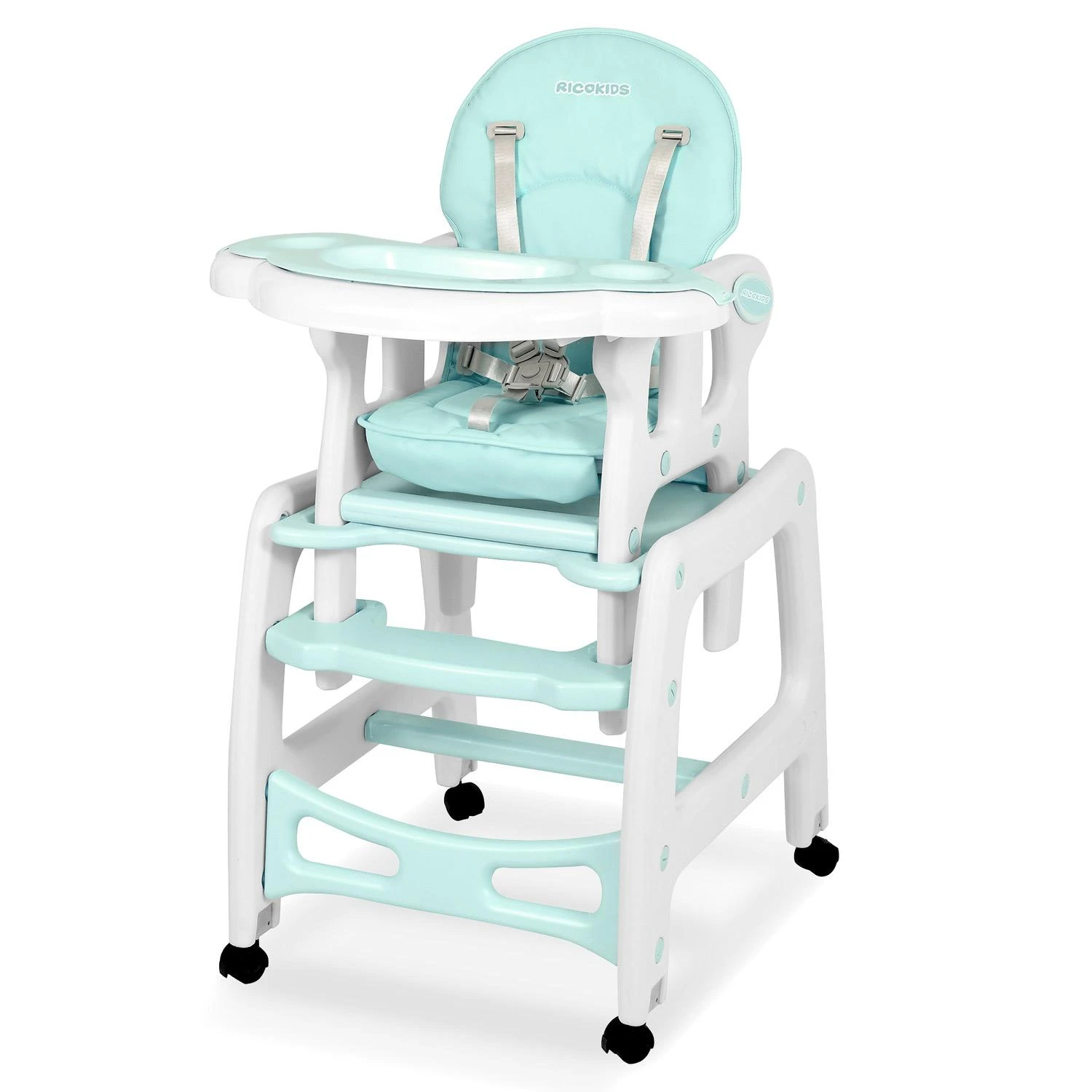 Ricokids Turkio spalvos 5-in-1 aukšta kėdutė, daugiafunkcinė maitinimo kėdutė su reguliuojamu padėklu, konvertuojama kūdikio kėdutė kūdikiams ir mažiems vaikams