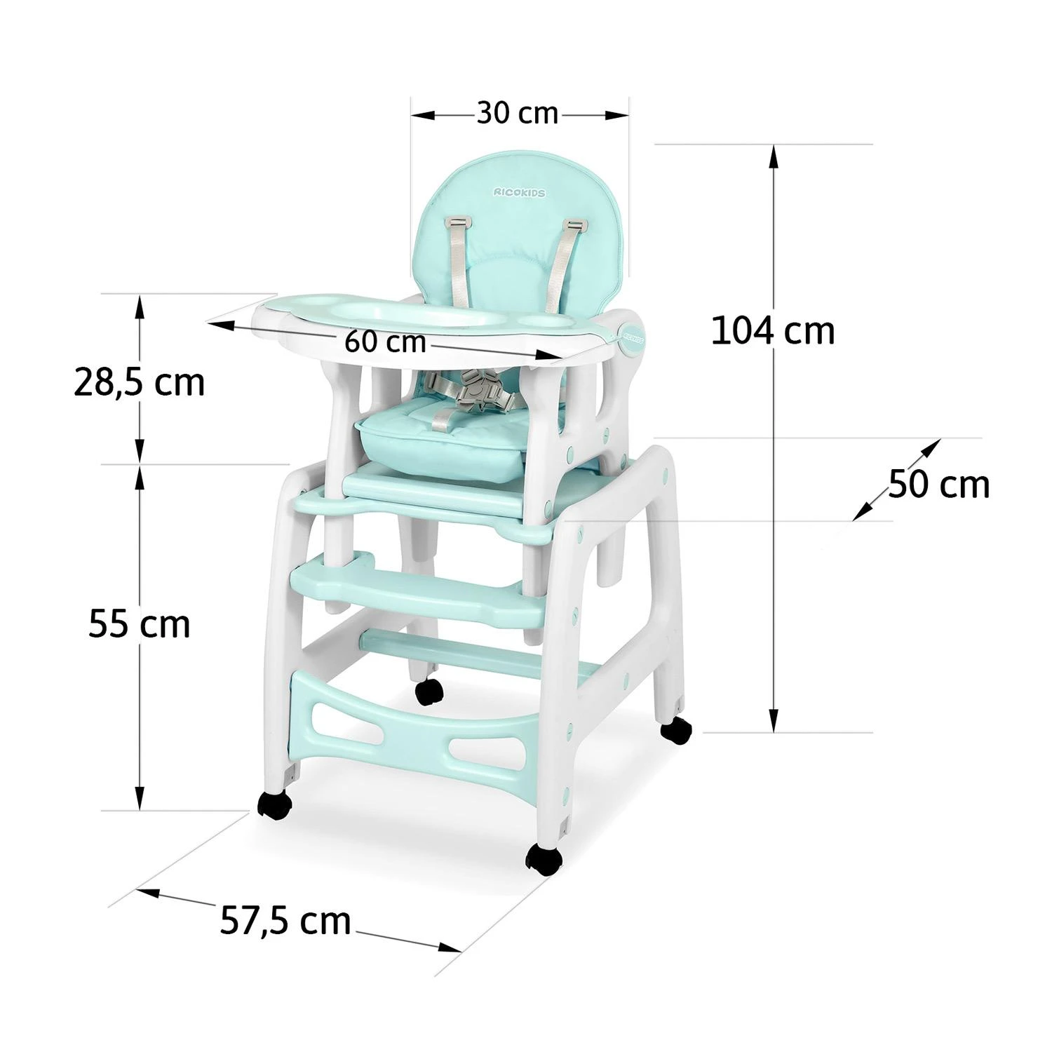 Ricokids Turkio spalvos 5-in-1 aukšta kėdutė, daugiafunkcinė maitinimo kėdutė su reguliuojamu padėklu, konvertuojama kūdikio kėdutė kūdikiams ir mažiems vaikams