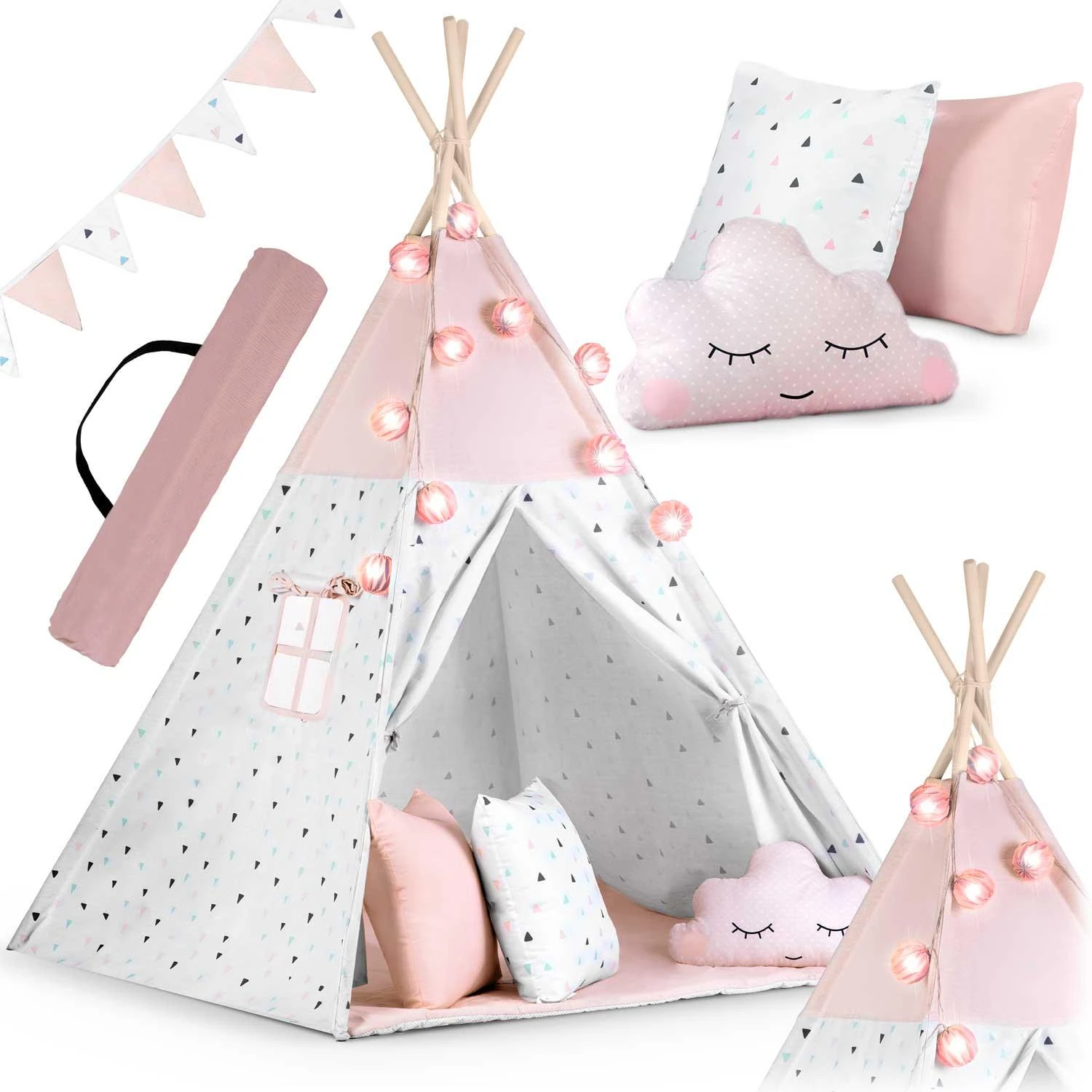Tent for children with garland and Nukido lights - pink