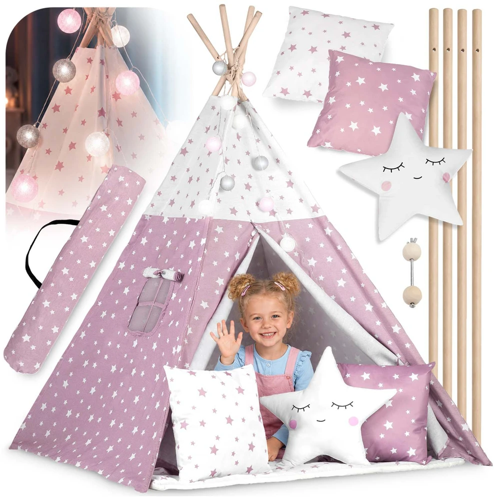 Palapinė vaikams Nukido Teepee, su šviesomis, rožinė su žvaigždėmis