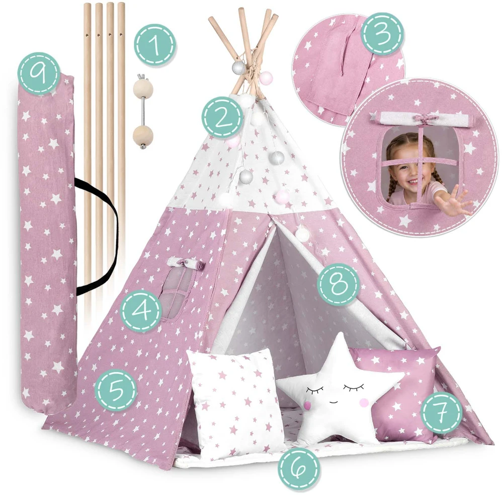 Palapinė vaikams Nukido Teepee, su šviesomis, rožinė su žvaigždėmis
