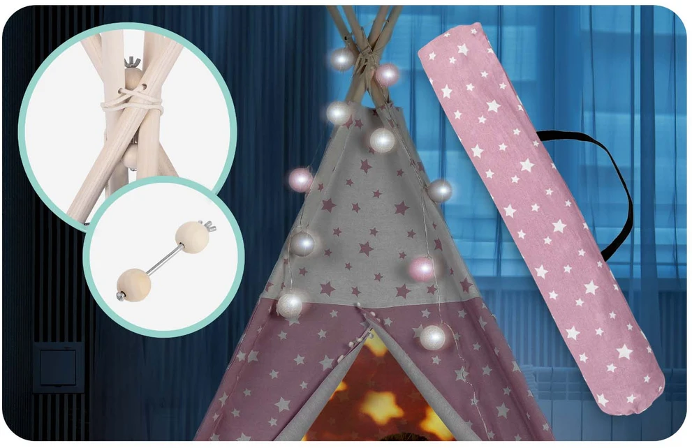 Palapinė vaikams Nukido Teepee, su šviesomis, rožinė su žvaigždėmis