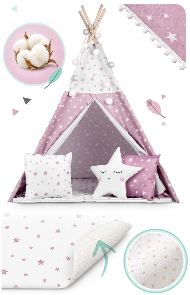 Palapinė vaikams Nukido Teepee, su šviesomis, rožinė su žvaigždėmis