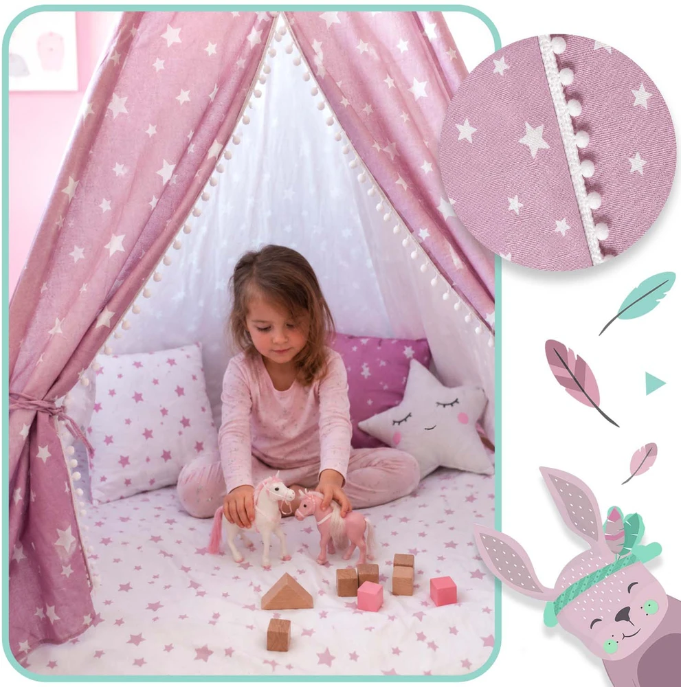 Palapinė vaikams Nukido Teepee, su šviesomis, rožinė su žvaigždėmis