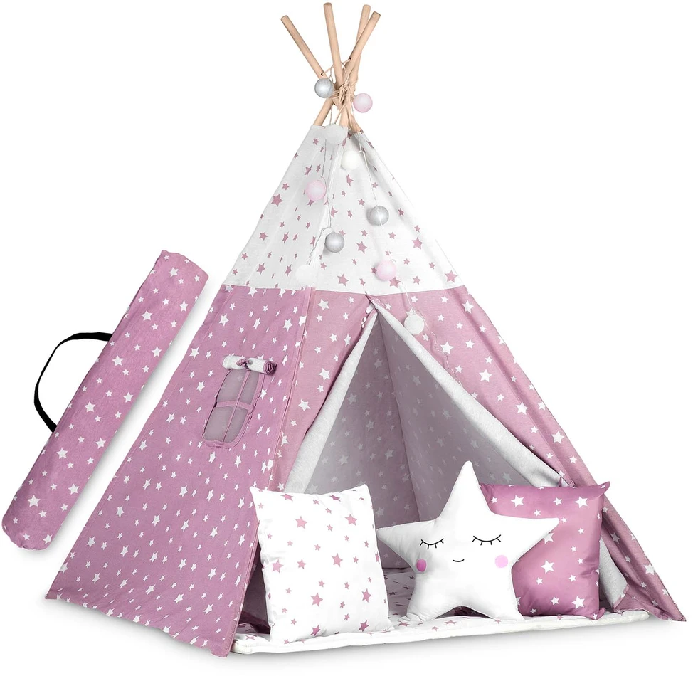 Palapinė vaikams Nukido Teepee, su šviesomis, rožinė su žvaigždėmis