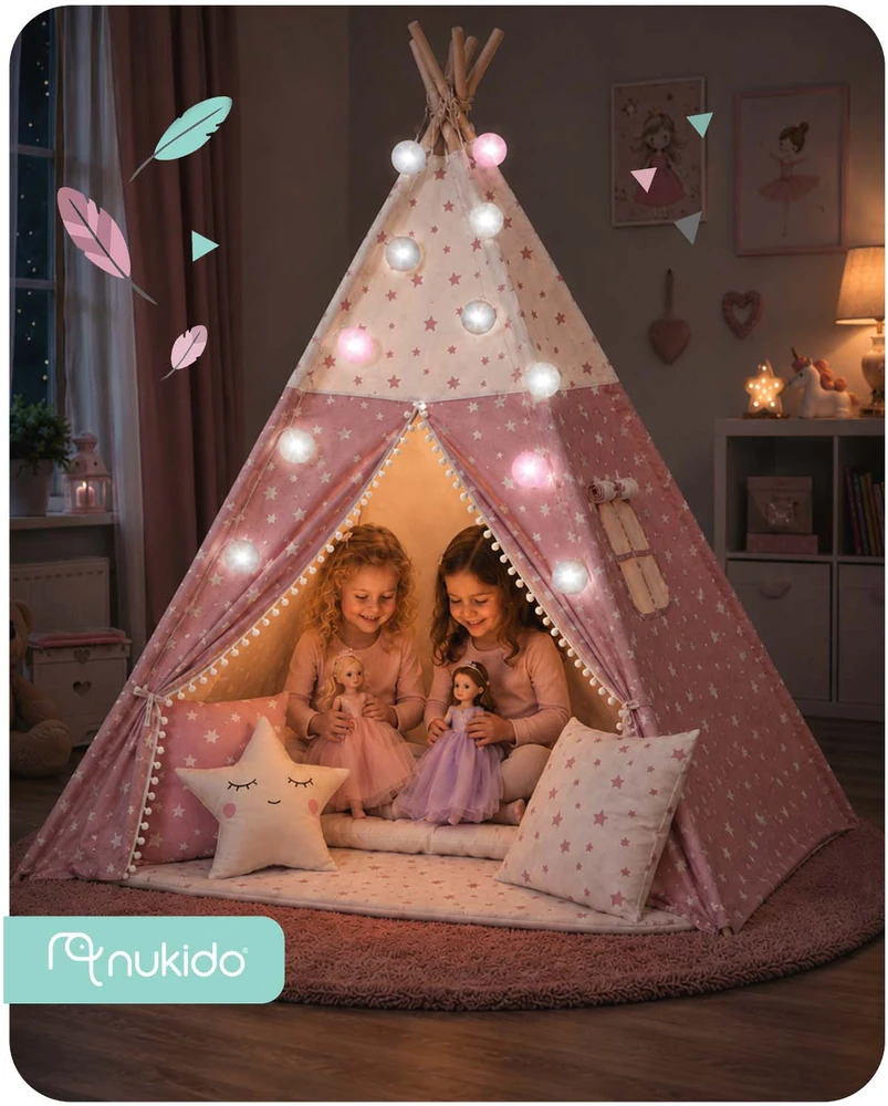 Palapinė vaikams Nukido Teepee, su šviesomis, rožinė su žvaigždėmis