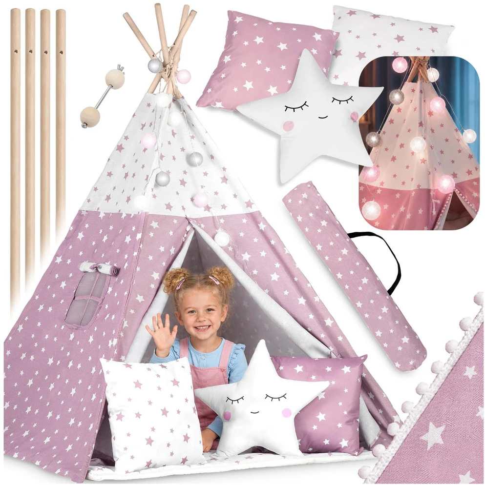 Palapinė vaikams Nukido Teepee, su šviesomis, rožinė su žvaigždėmis