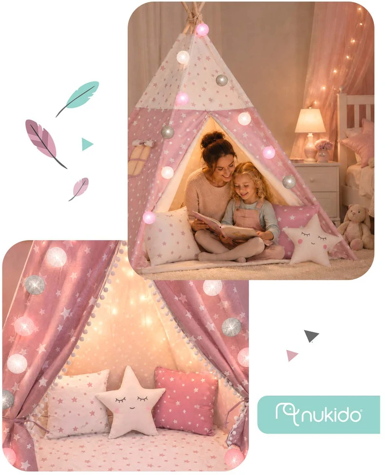 Palapinė vaikams Nukido Teepee, su šviesomis, rožinė su žvaigždėmis
