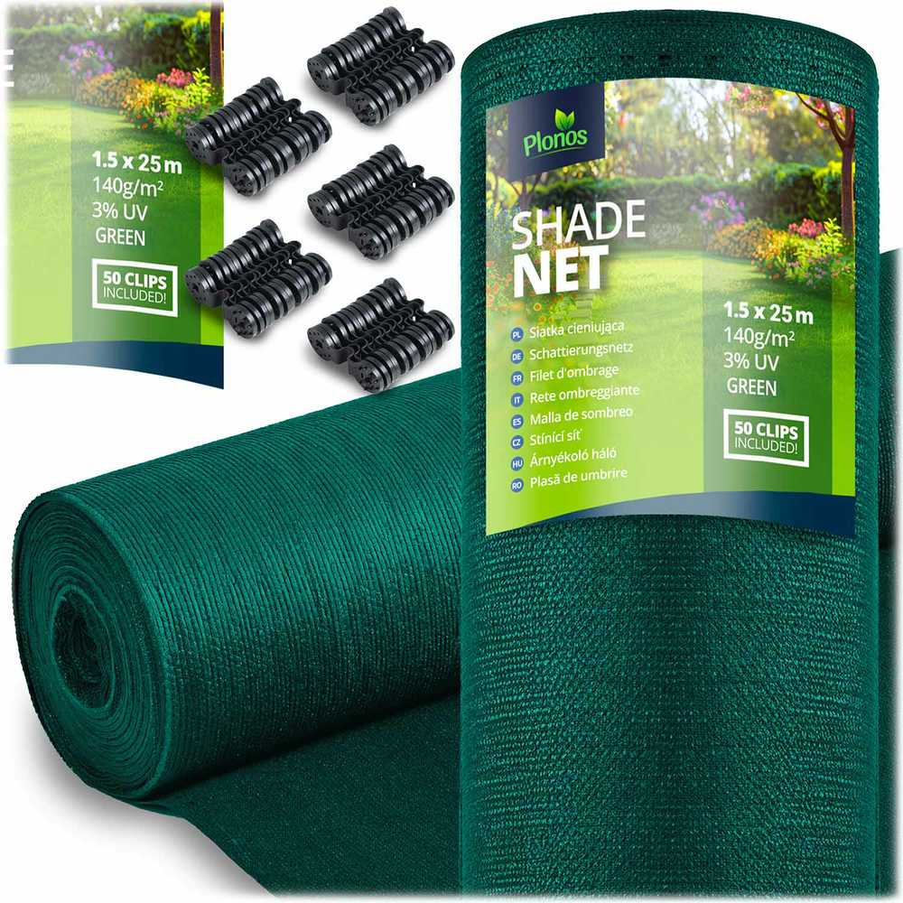 Plonos Tinklelis nuo šešėlių 1,5 x 25 m, 140 g/m², žalias + 50 spaustukų