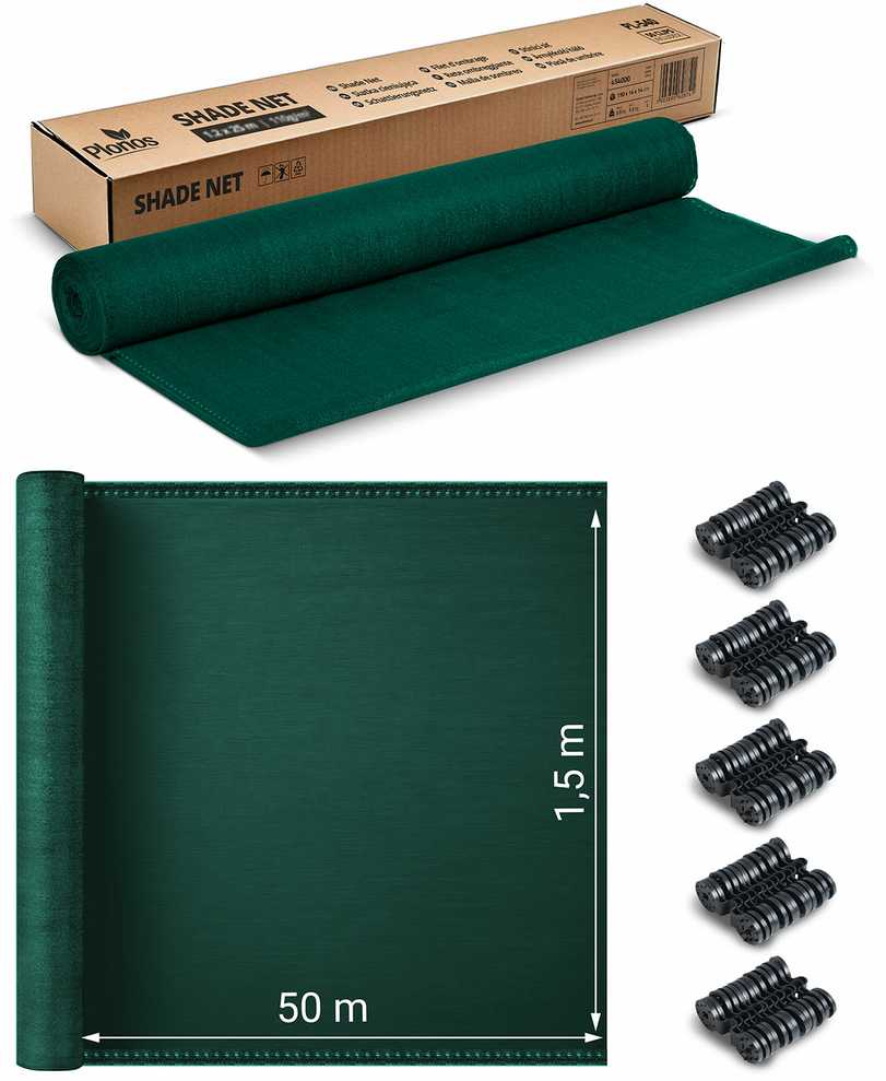 Plonos Tinklelis nuo šešėlių 1,5 x 50 m, 140 g/m² + 50 spaustukų, žalias