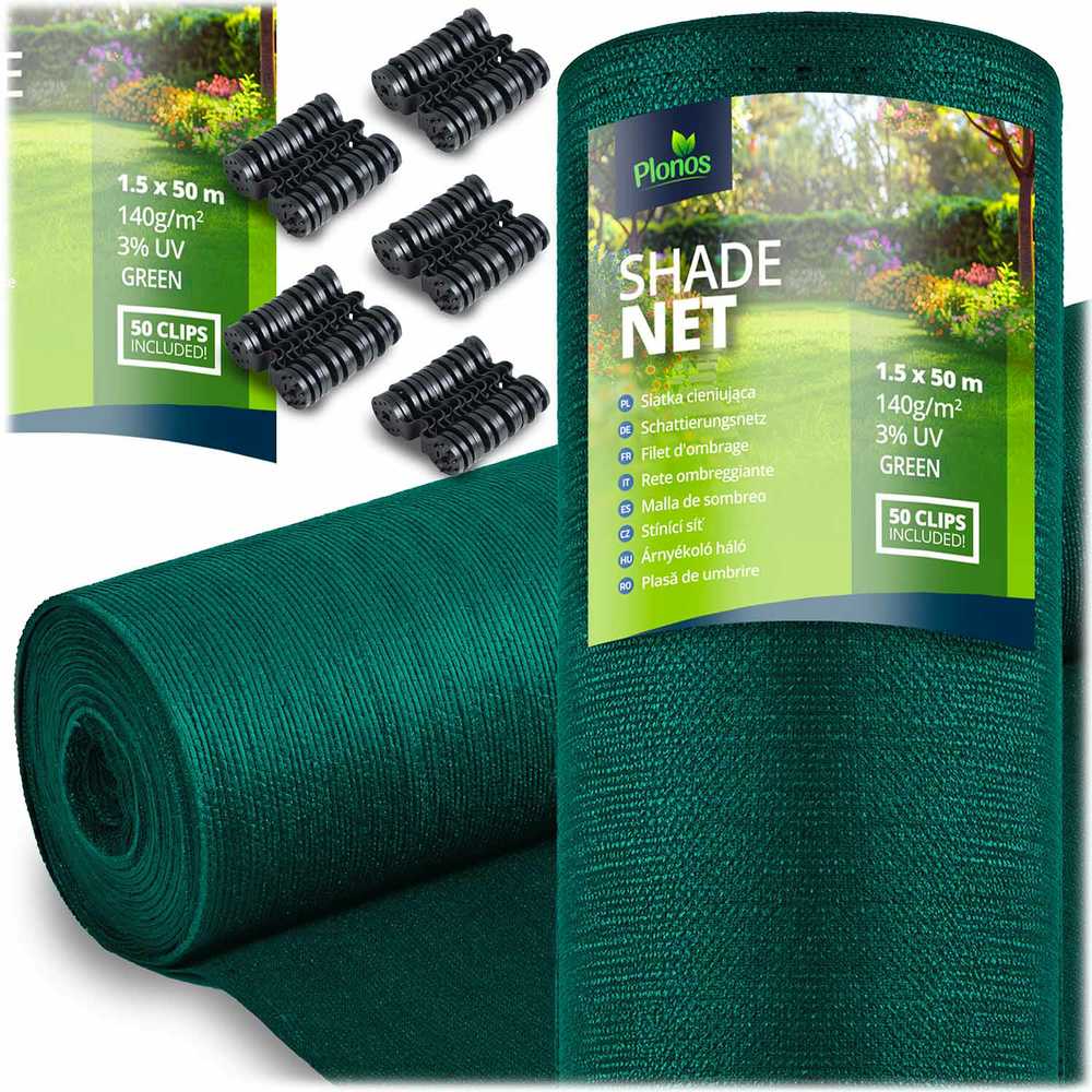 Plonos Tinklelis nuo šešėlių 1,5 x 50 m, 140 g/m² + 50 spaustukų, žalias
